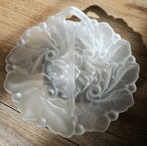 Indiana Glass Wild Rose Frosted Divided Candy Nut Dish Pierced Vintage 1940s‎